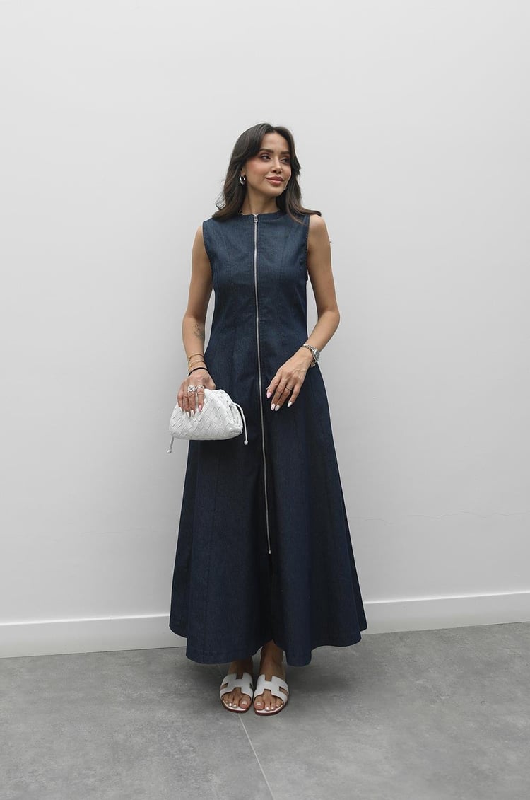 Lacivert Önü Fermuarlı Maxi Denim Elbise