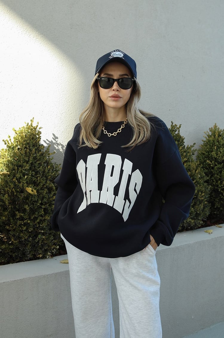 Lacivert Paris Baskılı Sweatshirt