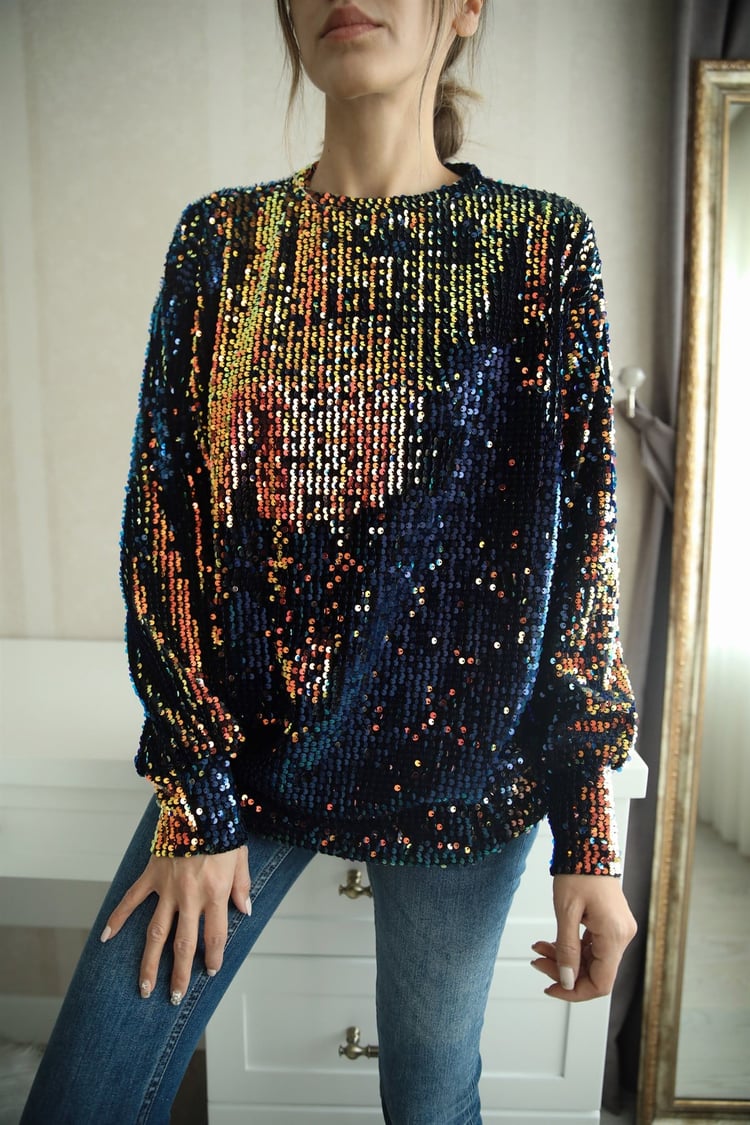 Lacivert Payetli Sweatshirt