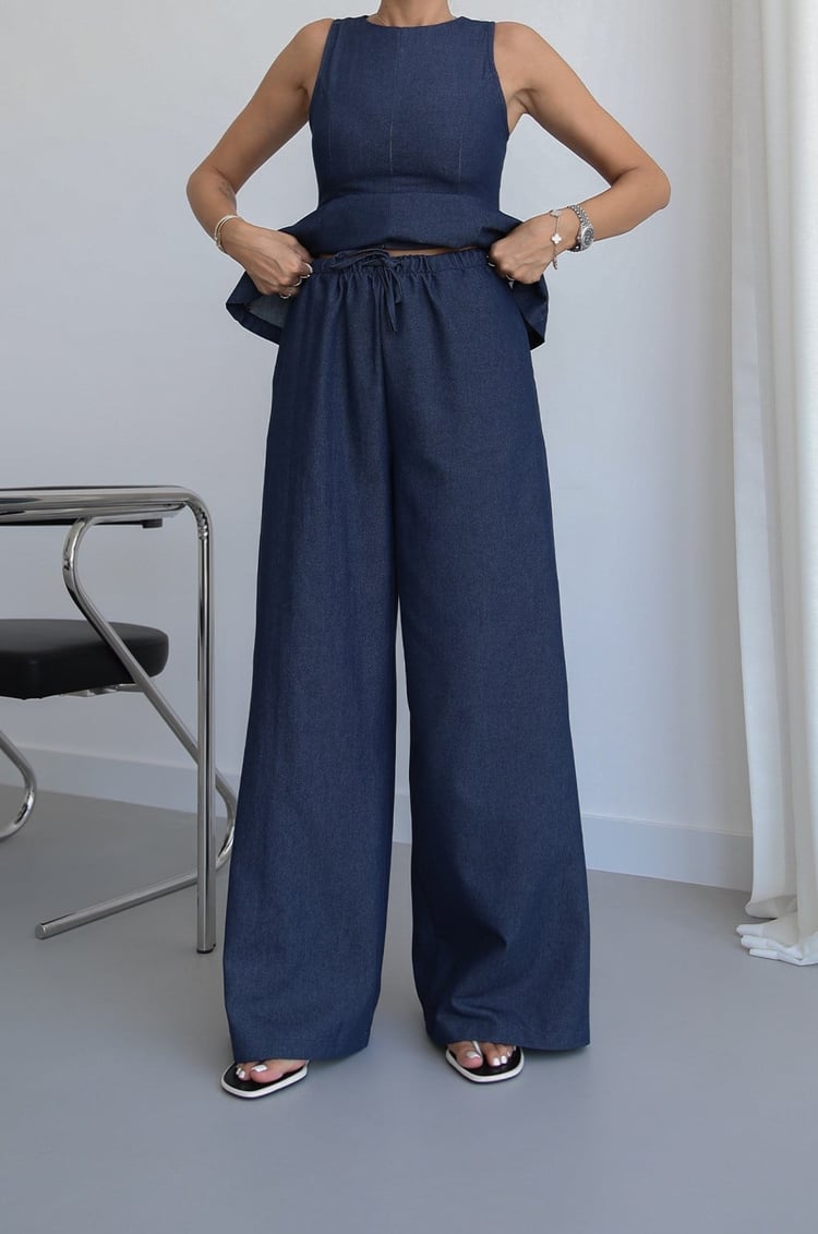 Lacivert Peplum Bluz Pantolon Denim Takım