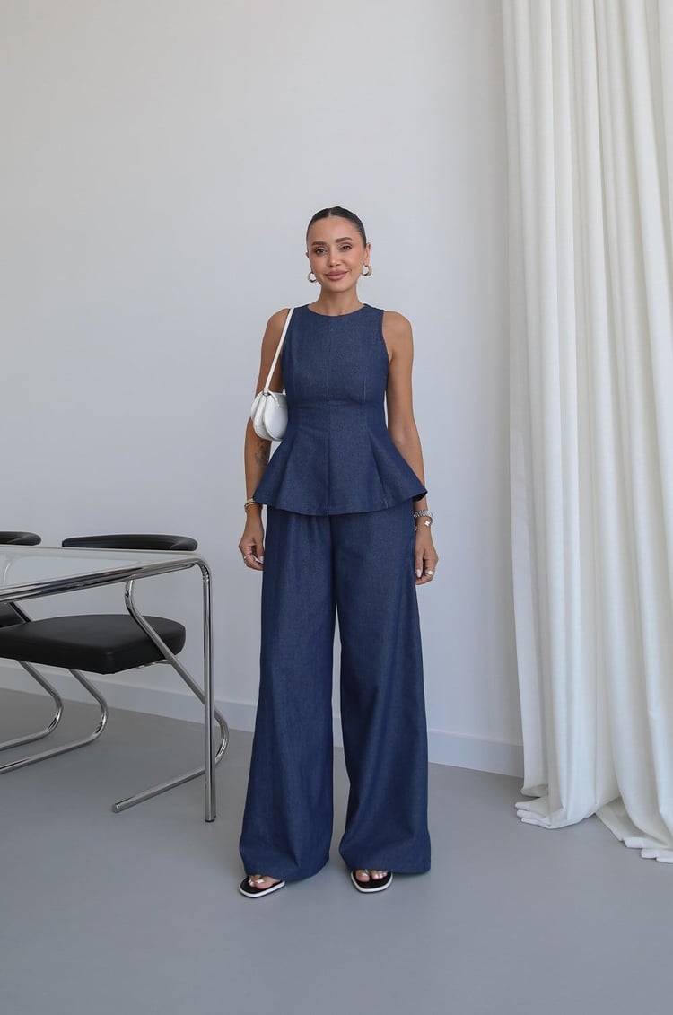 Lacivert Peplum Bluz Pantolon Denim Takım