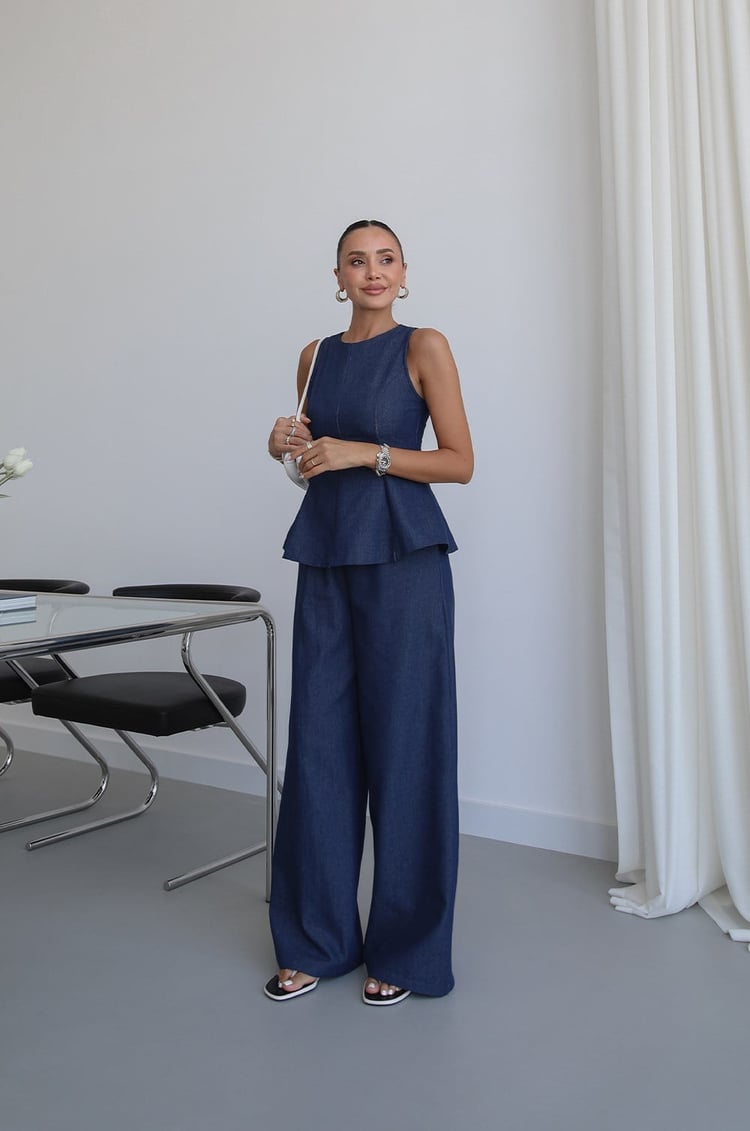 Lacivert Peplum Bluz Pantolon Denim Takım