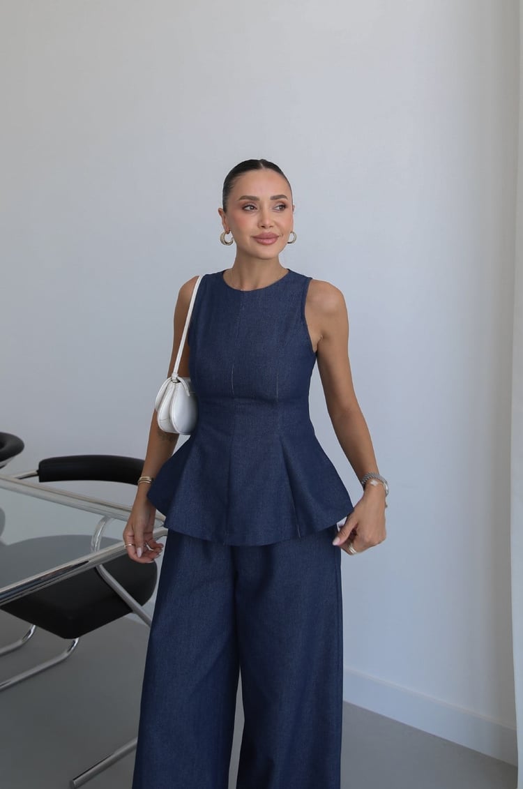 Lacivert Peplum Bluz Pantolon Denim Takım