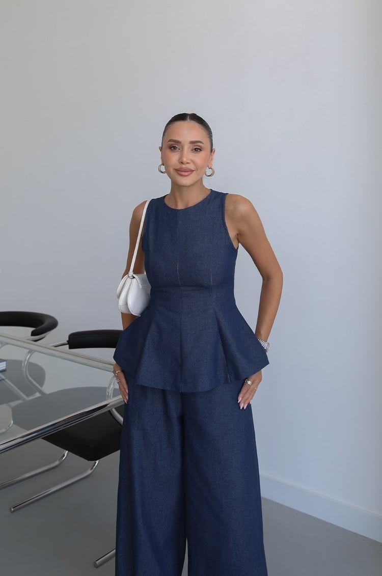 Lacivert Peplum Bluz Pantolon Denim Takım
