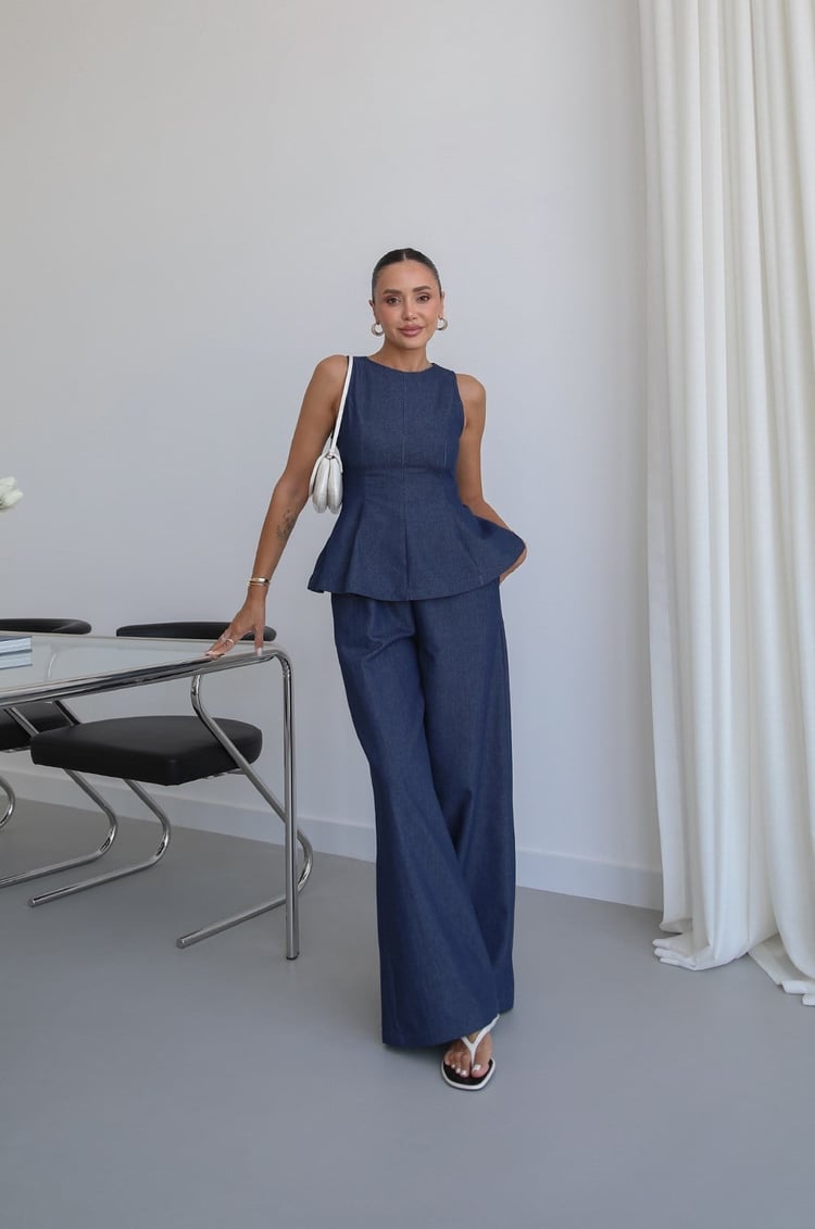 Lacivert Peplum Bluz Pantolon Denim Takım