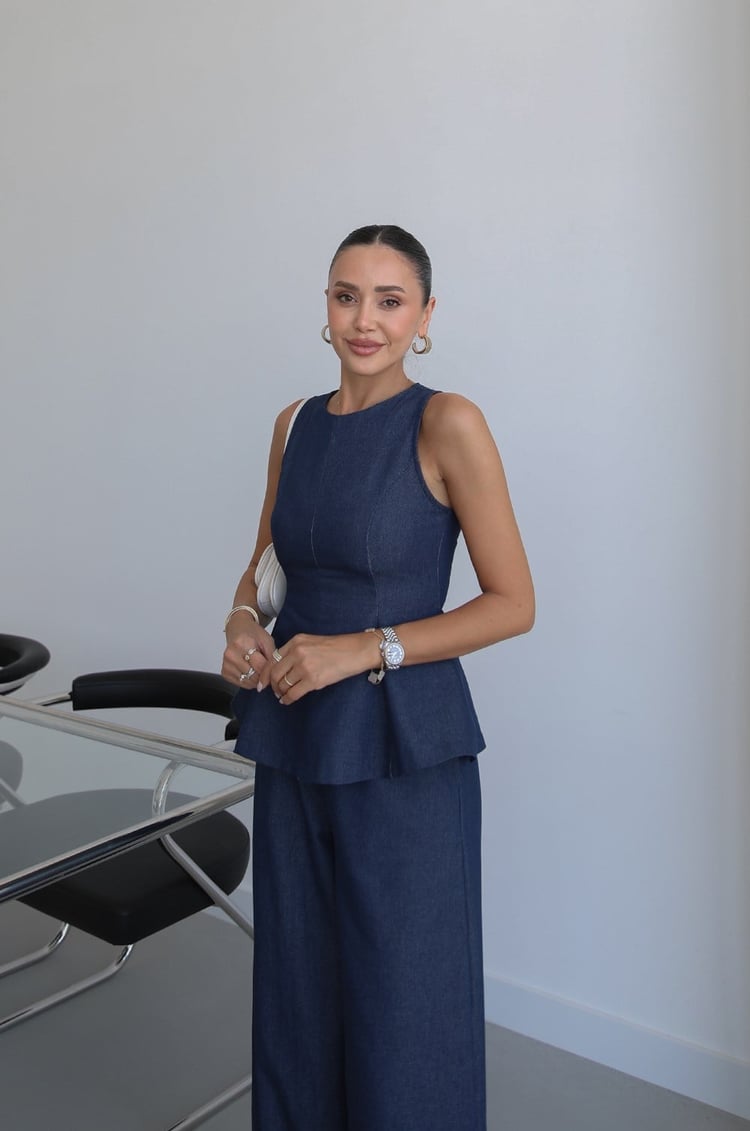 Lacivert Peplum Bluz Pantolon Denim Takım