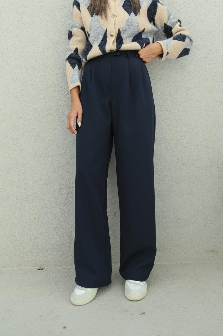 Lacivert Pleated Palazzo Pantolon