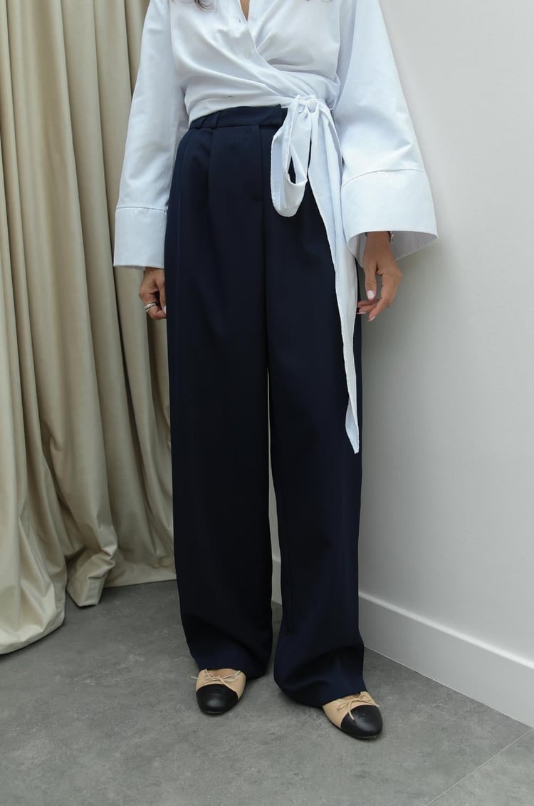 Lacivert Pleated Palazzo Pantolon