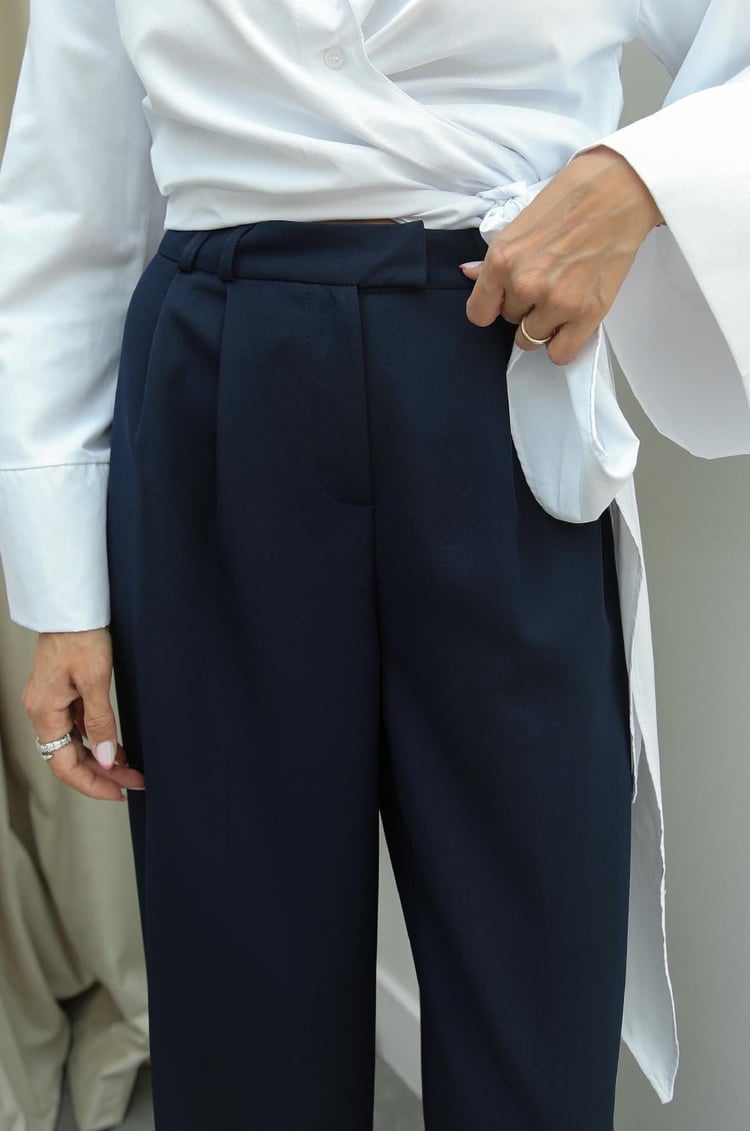 Lacivert Pleated Palazzo Pantolon