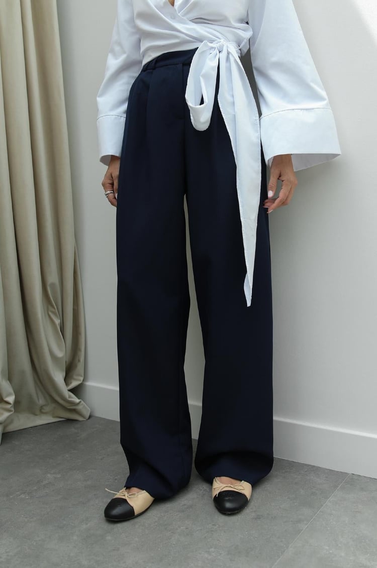 Lacivert Pleated Palazzo Pantolon