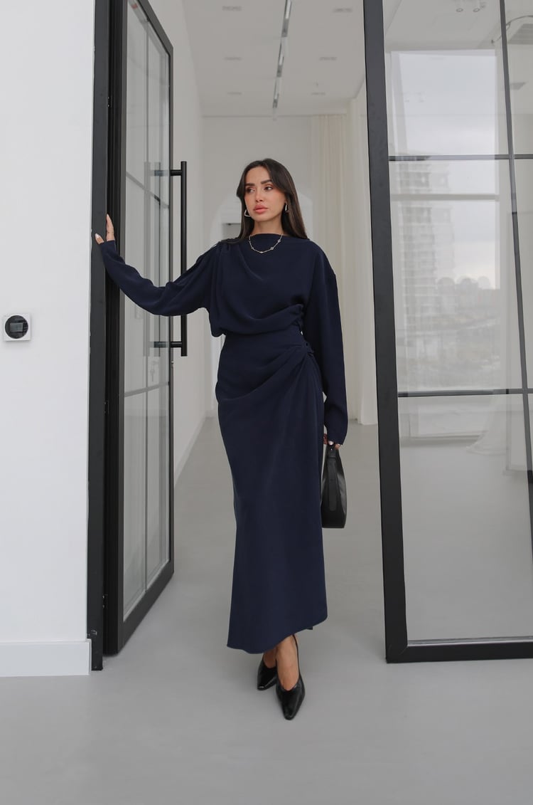 Lacivert Shirred Asimetrik Bluz Etek Takım