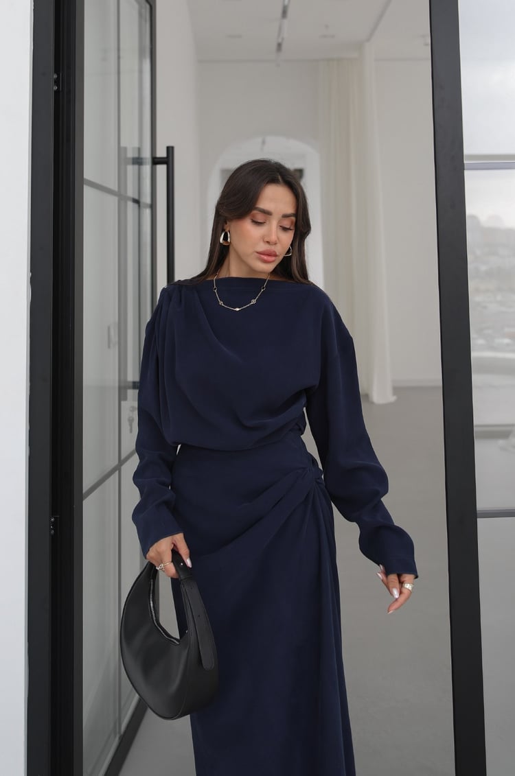 Lacivert Shirred Asimetrik Bluz Etek Takım