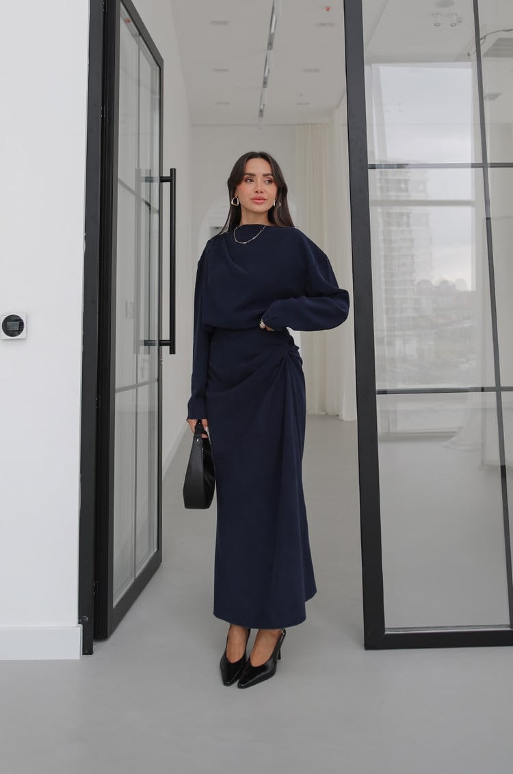 Lacivert Shirred Asimetrik Bluz Etek Takım