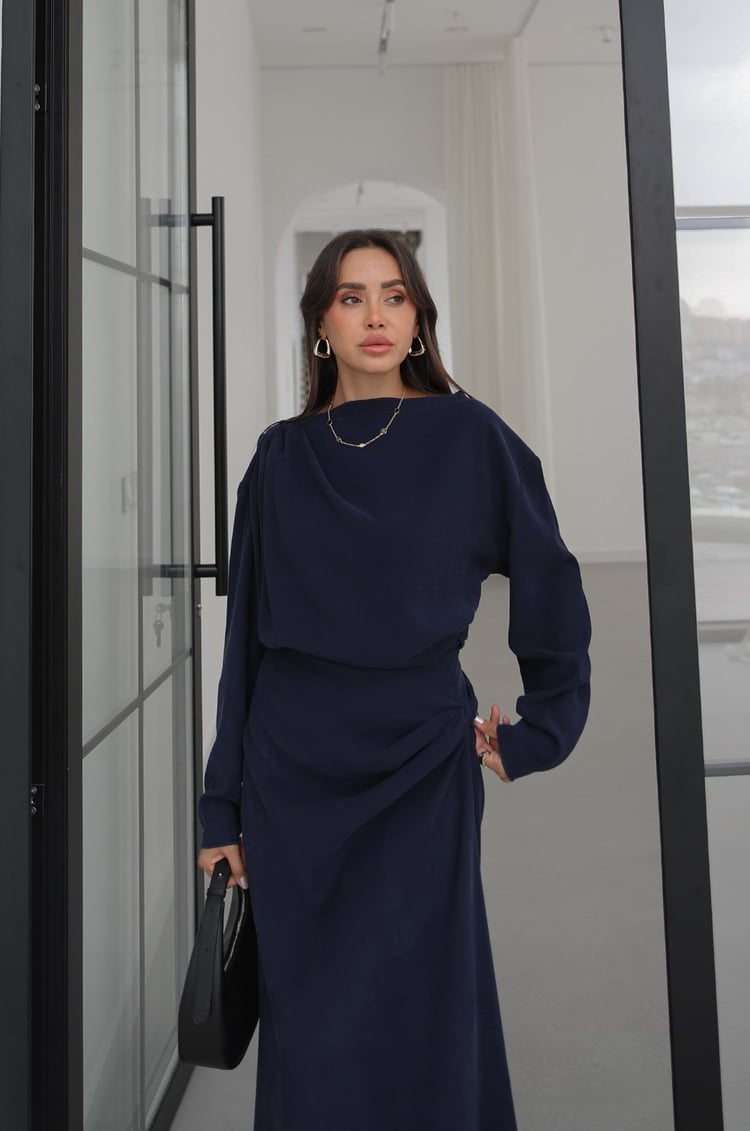 Lacivert Shirred Asimetrik Bluz Etek Takım