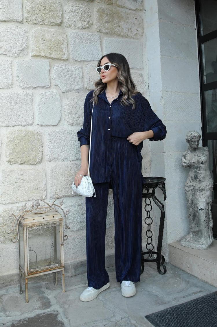 Lacivert Simple Piliseli Gömlek Pantolon Takım