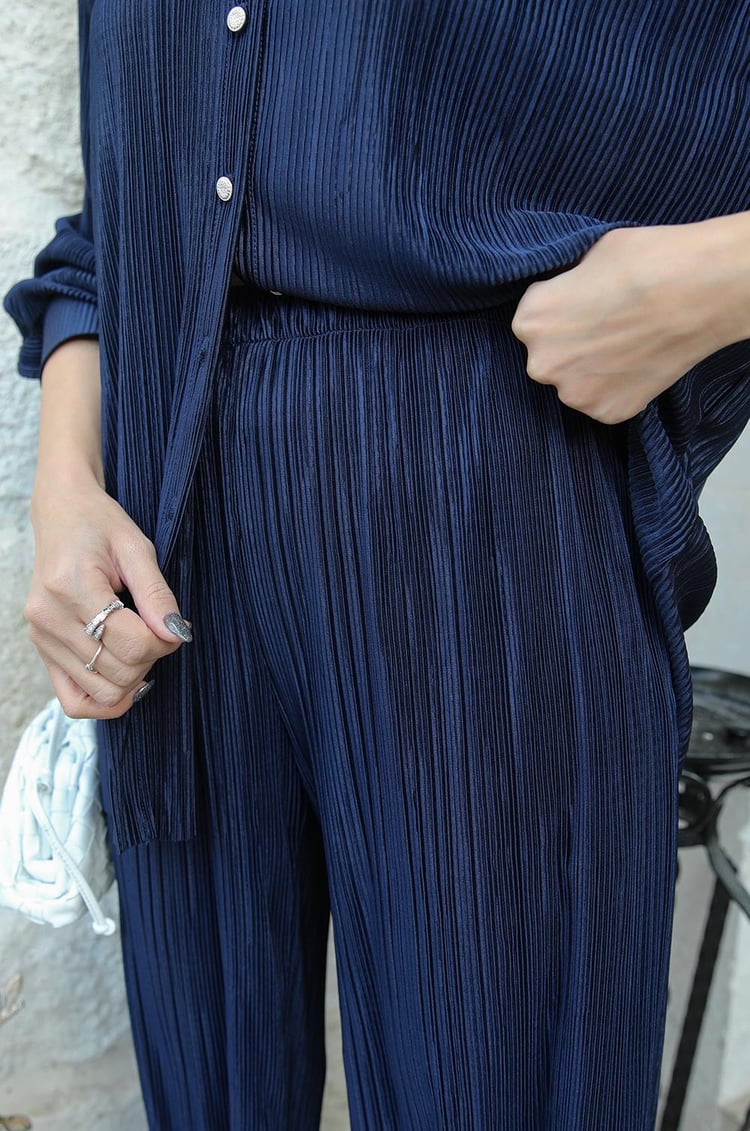 Lacivert Simple Piliseli Gömlek Pantolon Takım