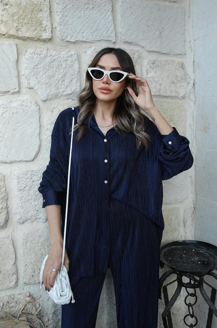 Lacivert Simple Piliseli Gömlek Pantolon Takım