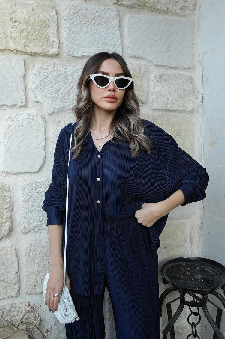 Lacivert Simple Piliseli Gömlek Pantolon Takım