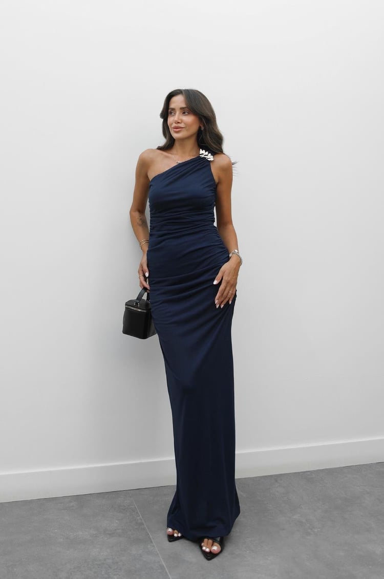 Lacivert Tek Omuz Metal Detaylı Elbise
