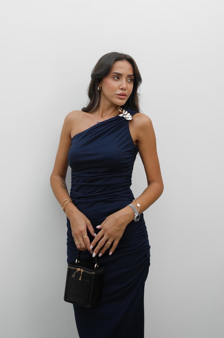 Lacivert Tek Omuz Metal Detaylı Elbise
