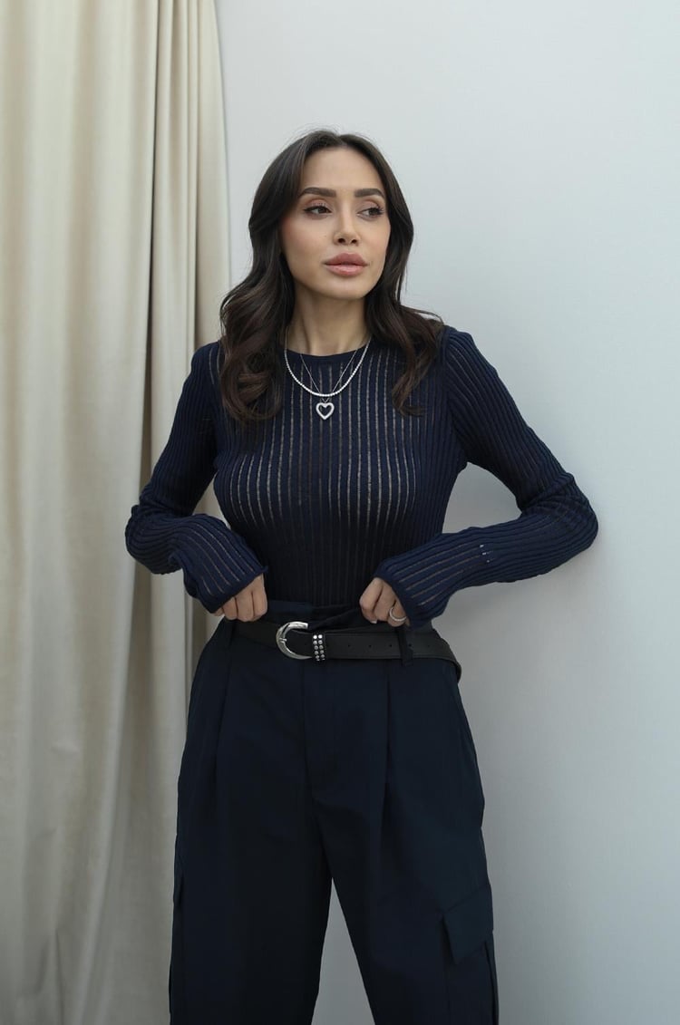 Lacivert Transparan Bisiklet Yaka Bluz