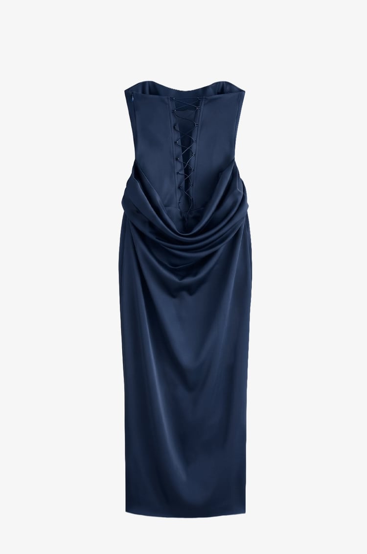 Lacivert Vesper Drape Detaylı Straplez Elbise