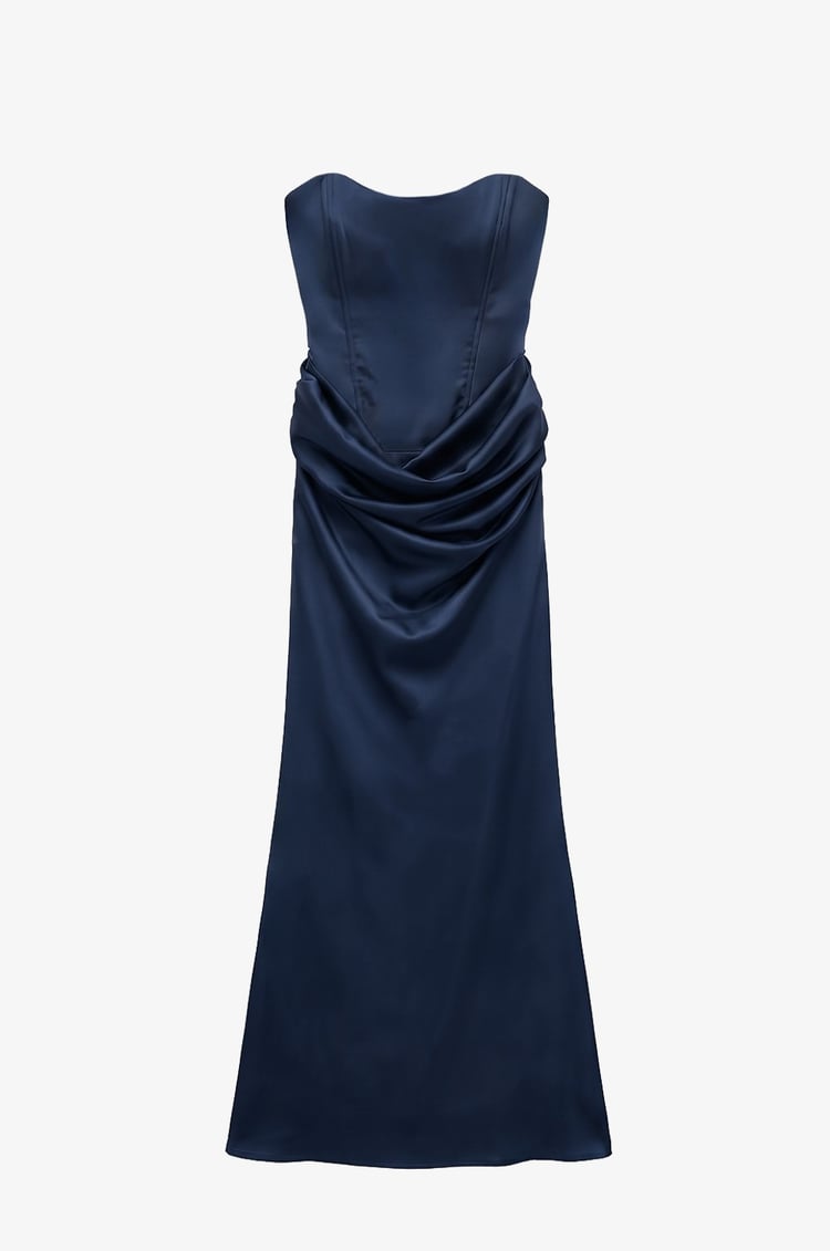 Lacivert Vesper Drape Detaylı Straplez Elbise