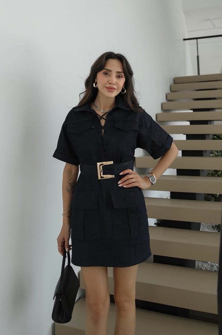 Lacivert Yakası İp Bağlamalı Kemerli Denim Elbise