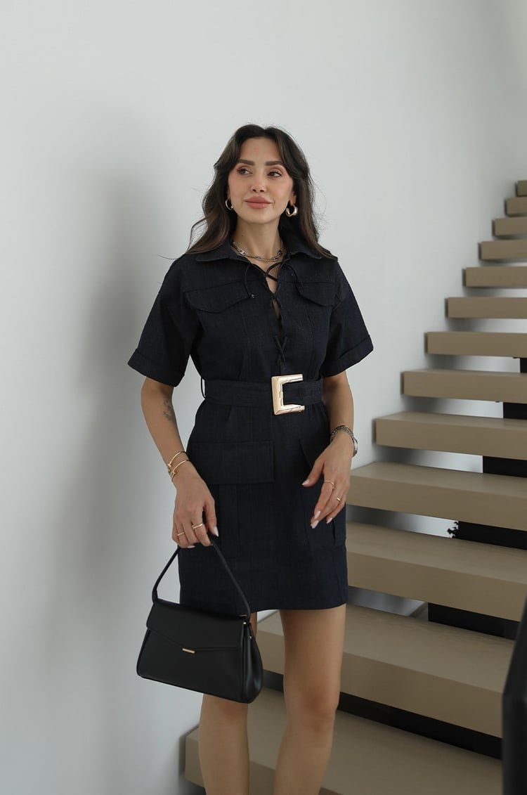 Lacivert Yakası İp Bağlamalı Kemerli Denim Elbise