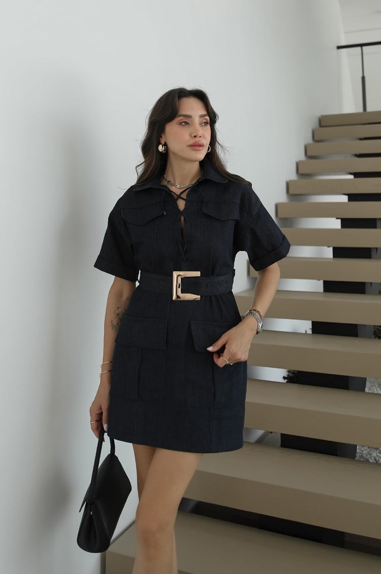 Lacivert Yakası İp Bağlamalı Kemerli Denim Elbise