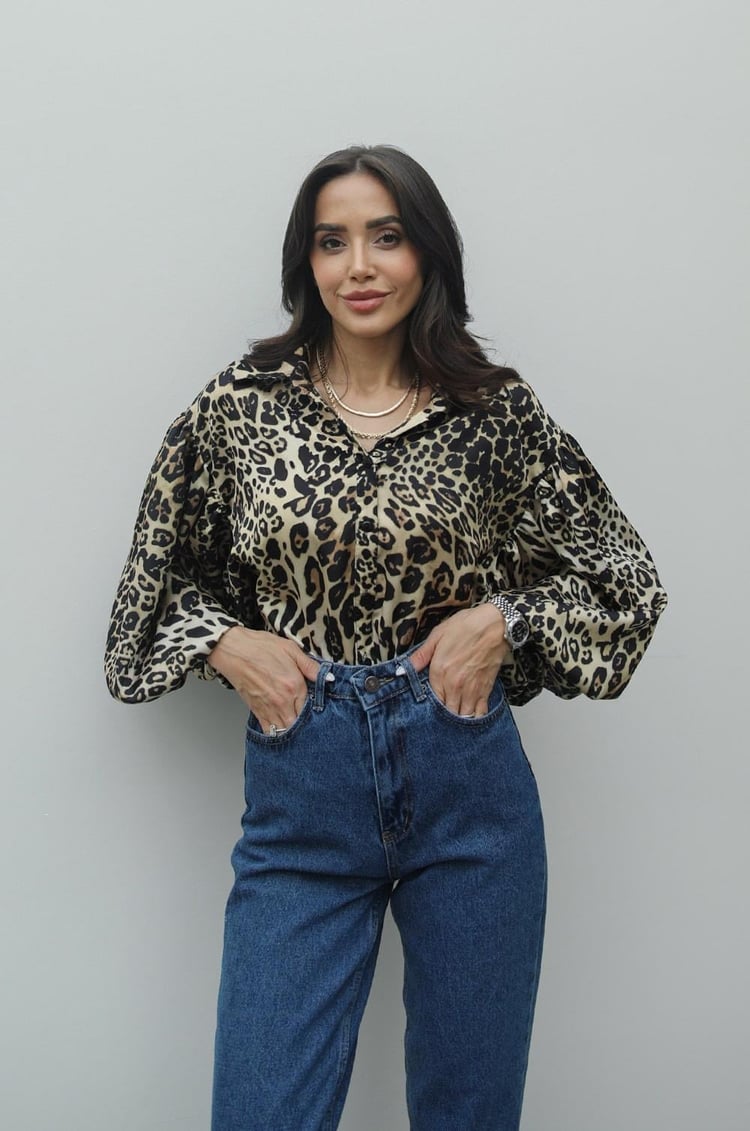 Leopar Desen Balon Kol Gömlek