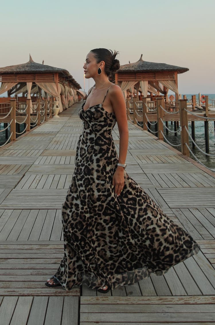 Leopar Desenli Maxi Slip Elbise