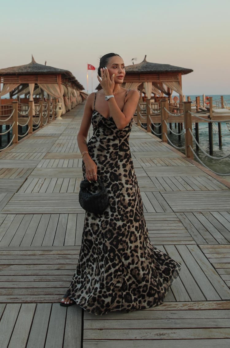 Leopar Desenli Maxi Slip Elbise