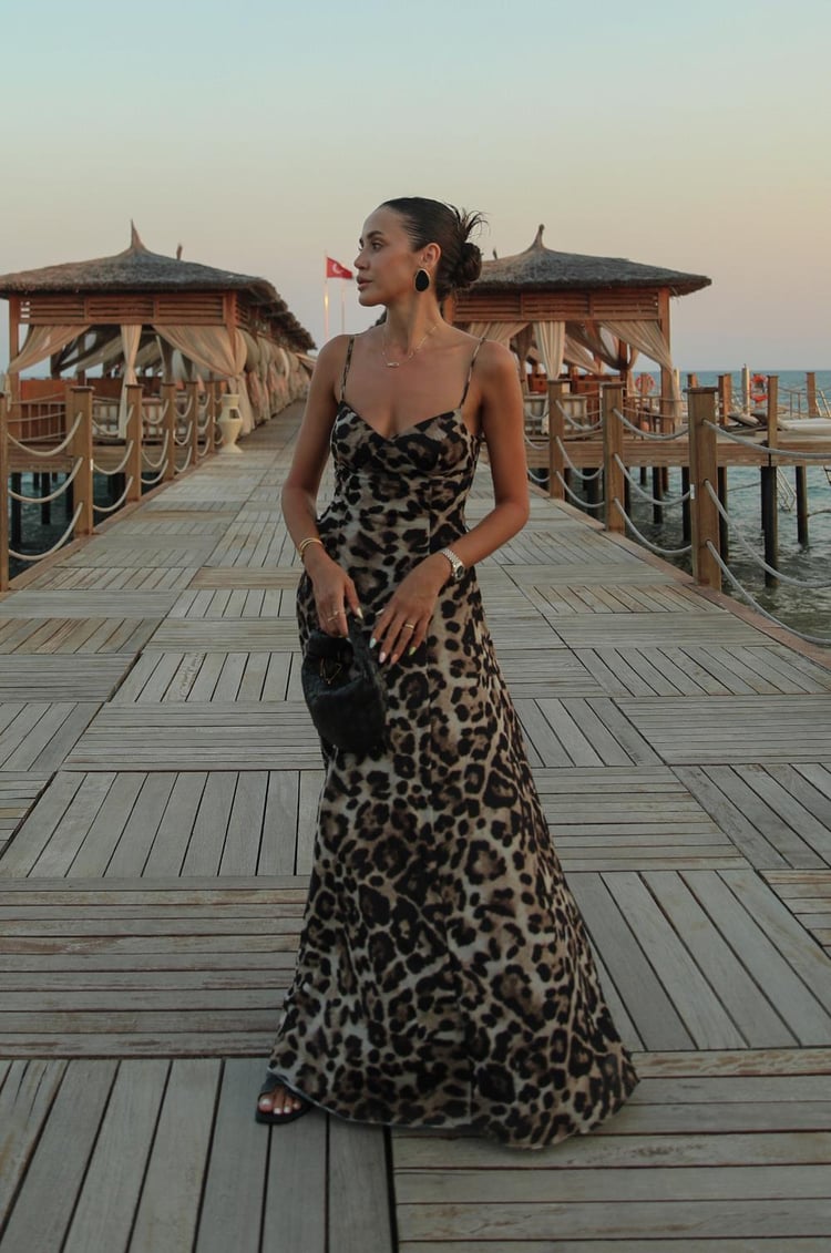 Leopar Desenli Maxi Slip Elbise