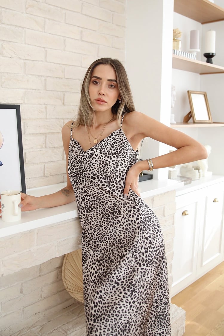 Leopar Desenli Saten Elbise