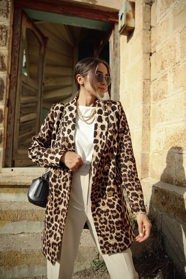 Leopar Desenli Uzun Blazer Ceket