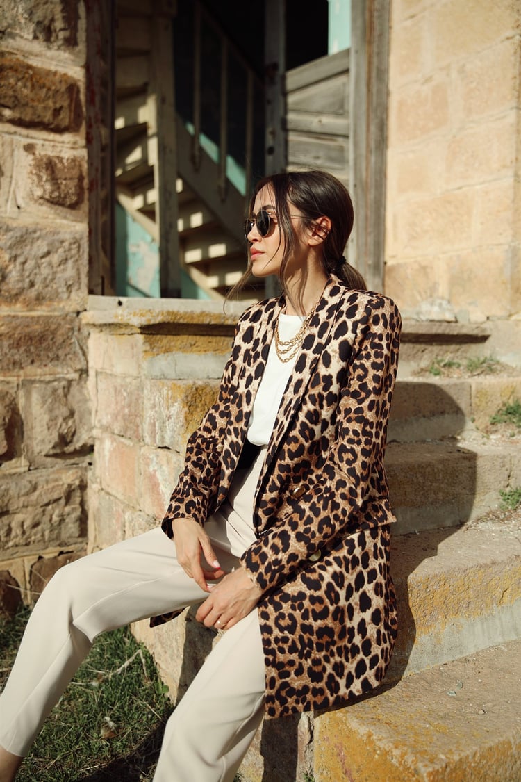 Leopar Desenli Uzun Blazer Ceket