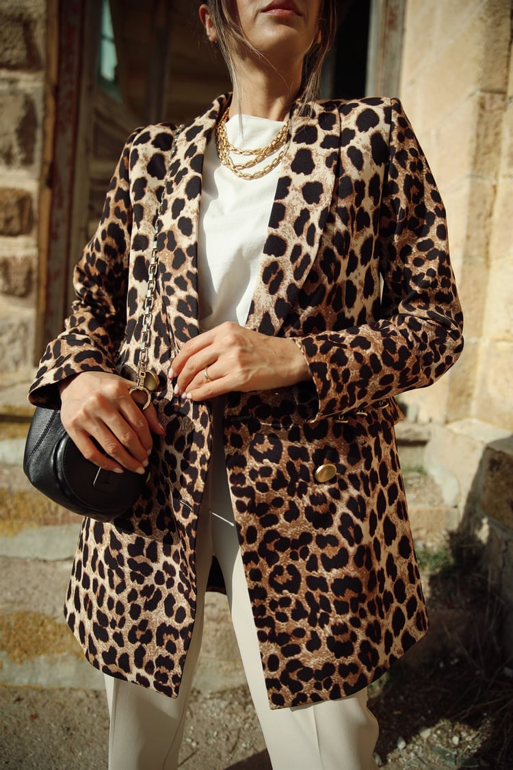 Leopar Desenli Uzun Blazer Ceket