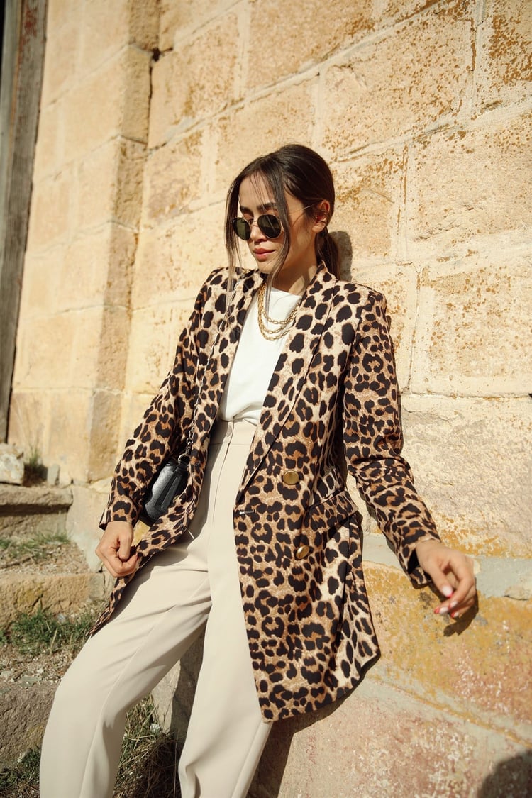 Leopar Desenli Uzun Blazer Ceket