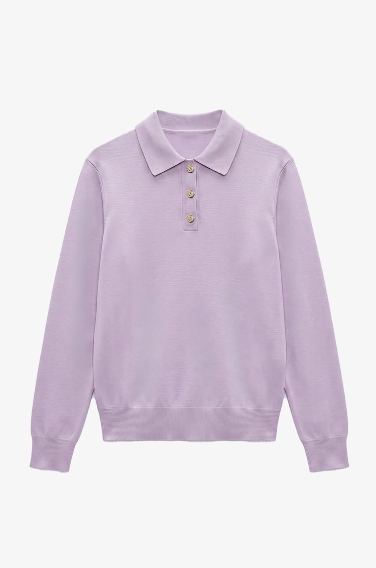 Lila Button Polo Yaka Kazak