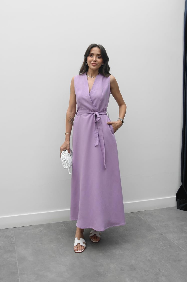 Lila Loya Kuşaklı Keten Elbise