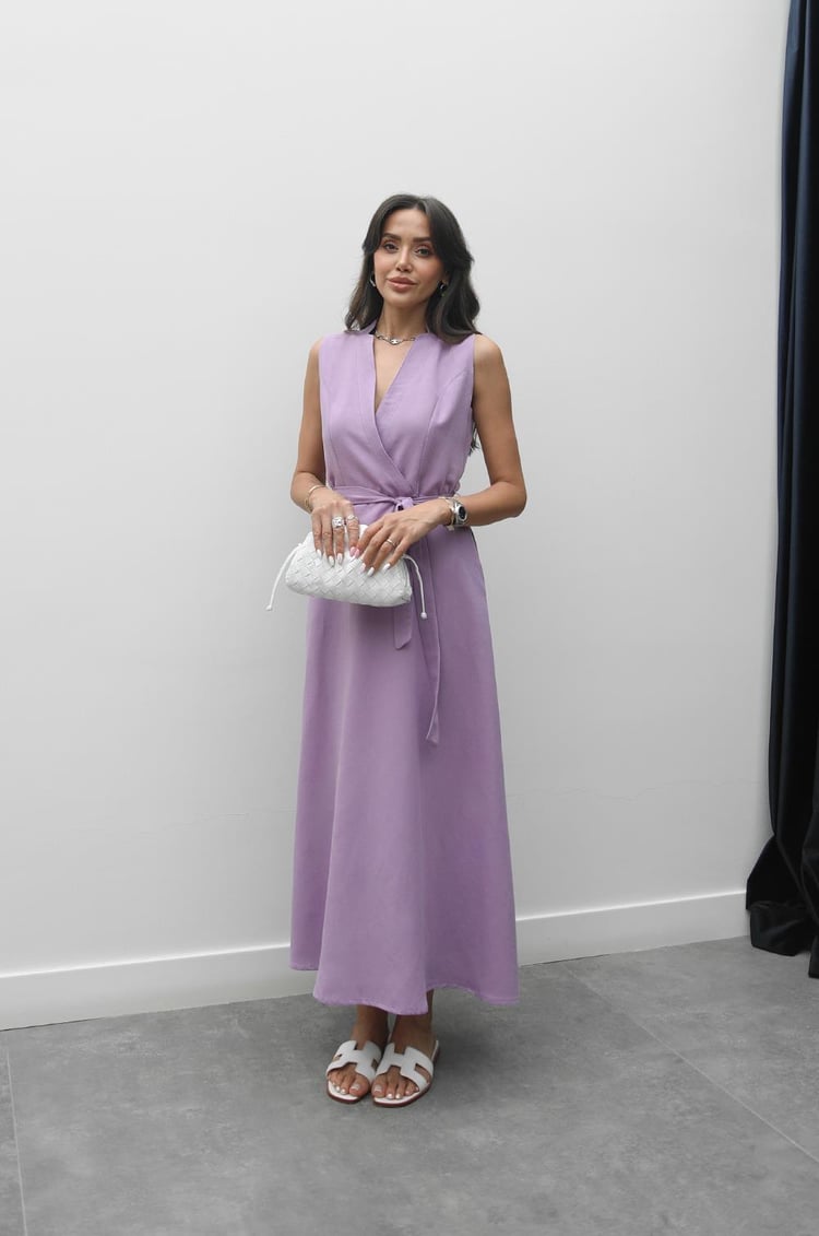 Lila Loya Kuşaklı Keten Elbise