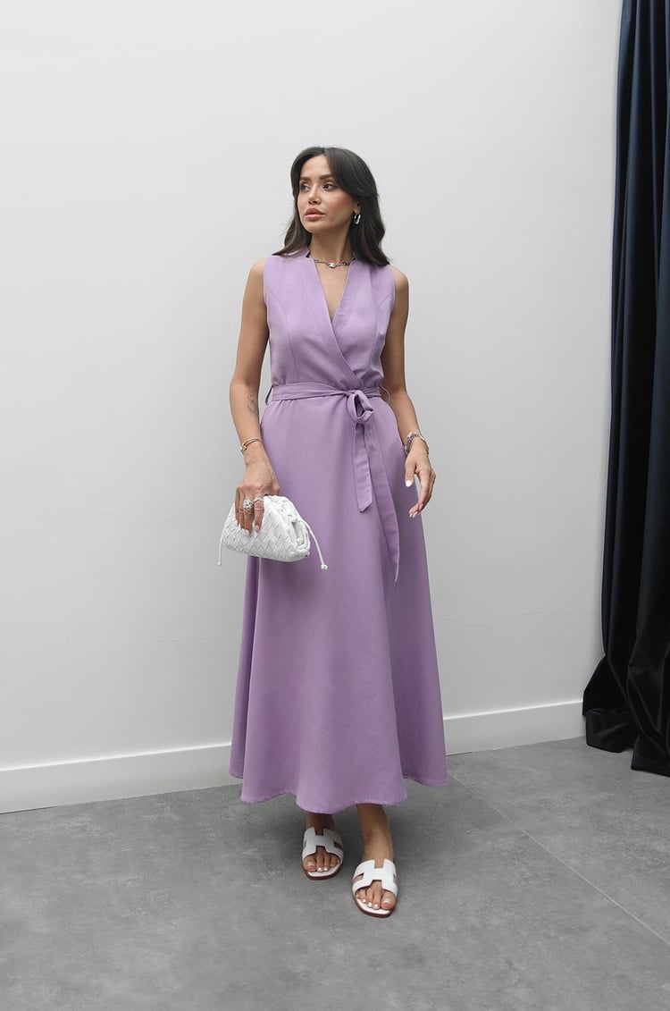 Lila Loya Kuşaklı Keten Elbise