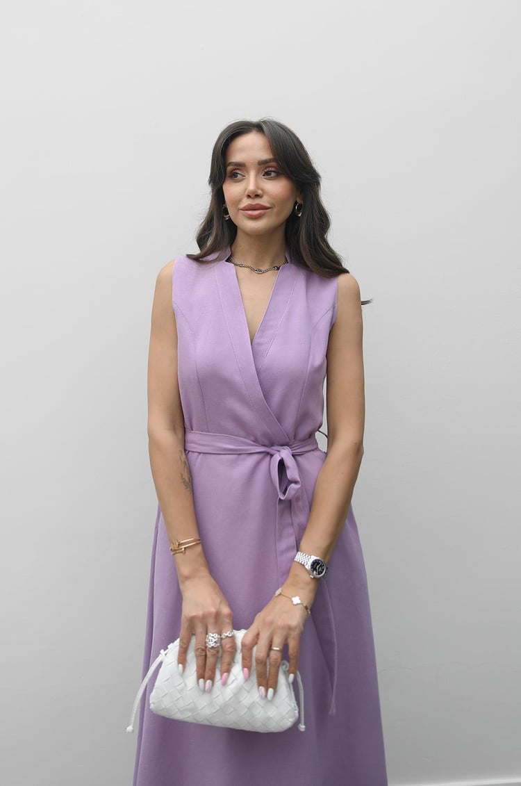 Lila Loya Kuşaklı Keten Elbise