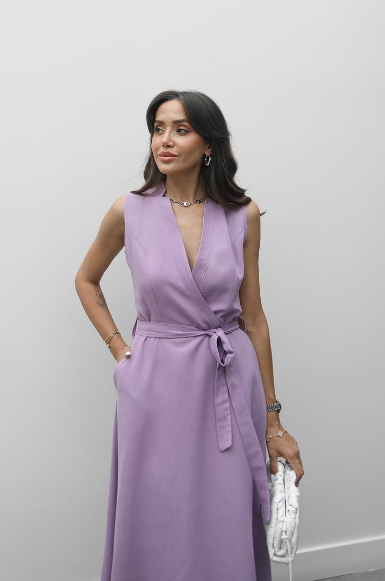 Lila Loya Kuşaklı Keten Elbise