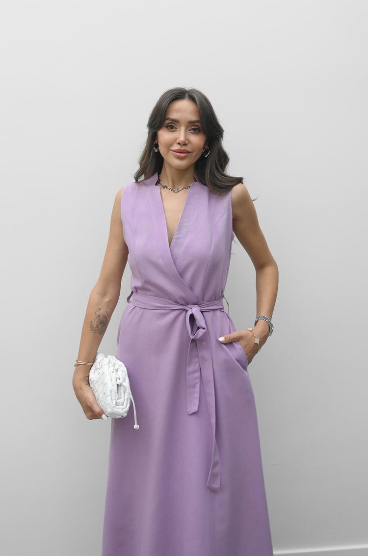 Lila Loya Kuşaklı Keten Elbise