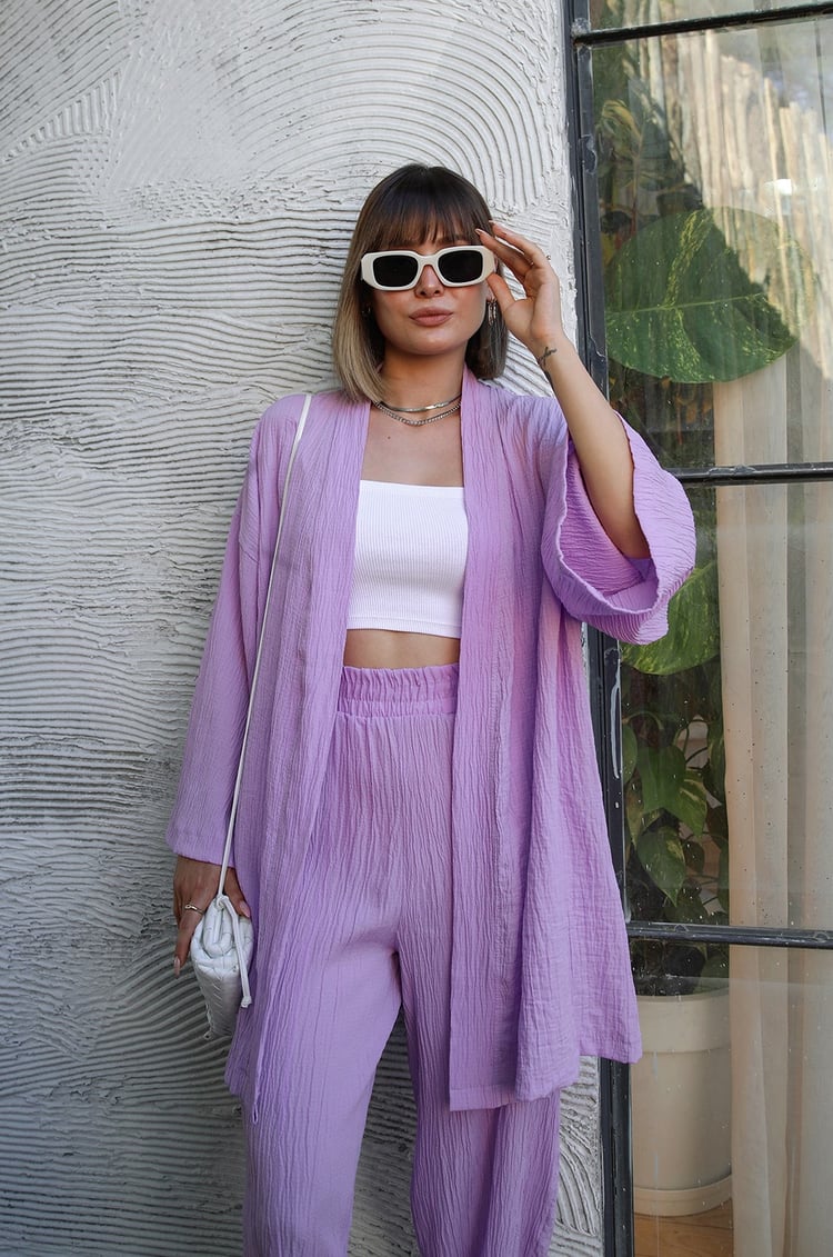Lila Pantolon Kimono Gofre Takım