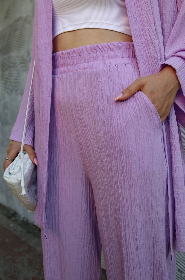 Lila Pantolon Kimono Gofre Takım