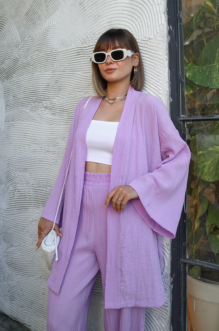 Lila Pantolon Kimono Gofre Takım