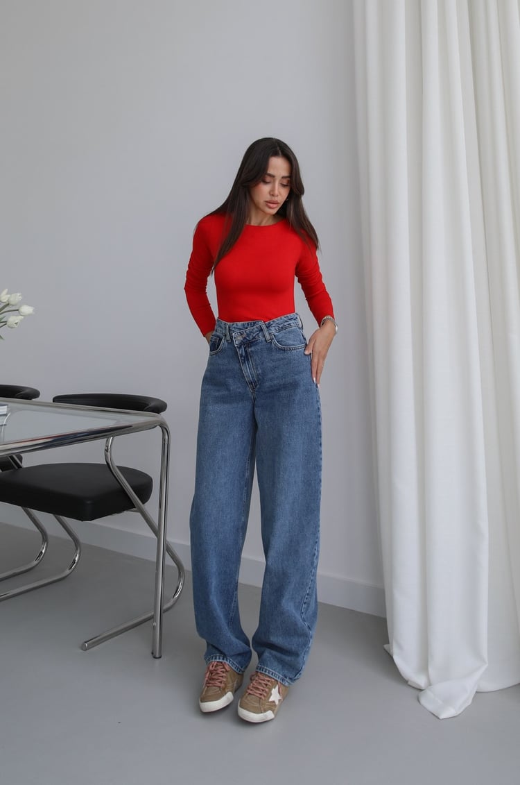 Mavi Asimetrik Bel Detaylı Baggy Jean